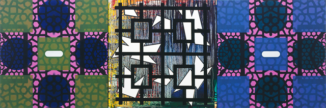 Loosely coupled systems 1995 acryl op linnen 100 x 300 cm